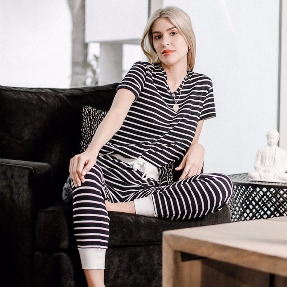 NWT 100% COTTON NINE ZEN POSIE STRIPED LOUNGE SET WOMEN'S PAJAMAS - Picture 1 of 3